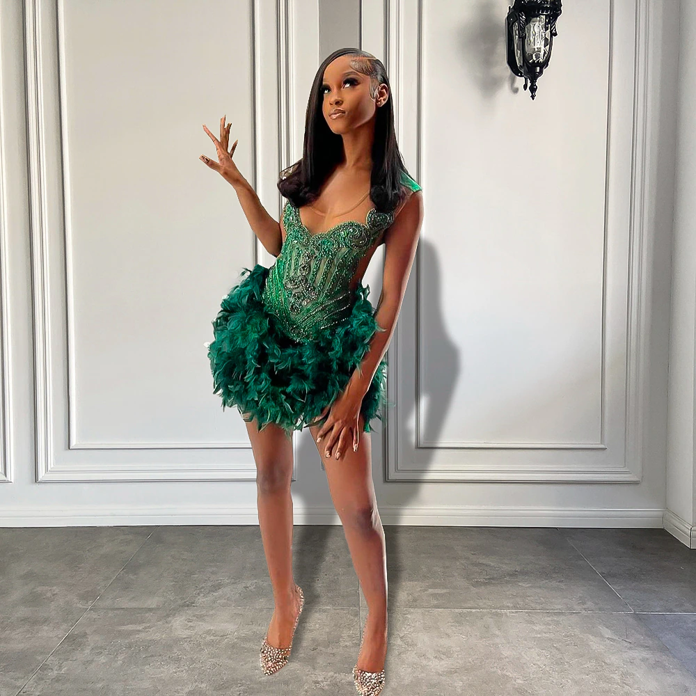 Real Luxury Black Girls Formal Occasion Birthday Party Dresses Emerald Green Feather Women Short Prom Dress