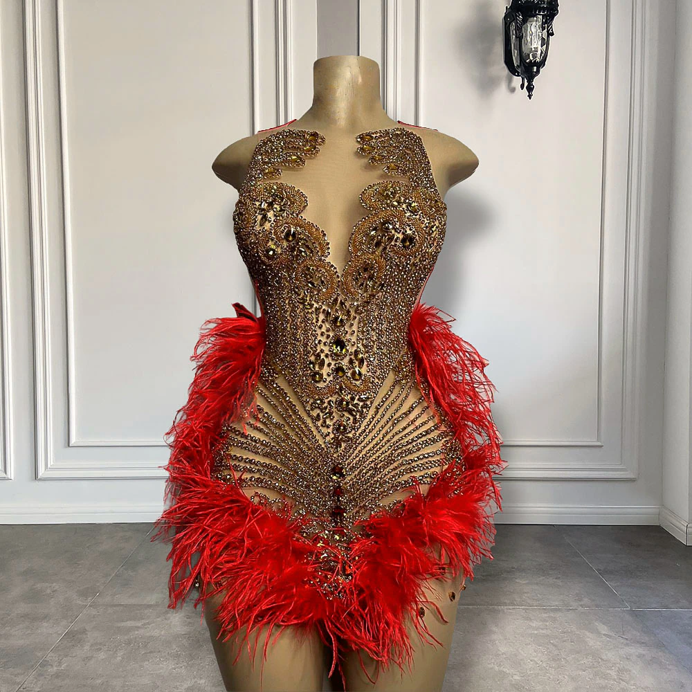 Sparkly Luxury Gold Diamond Women Birthday Party Formal Gowns Sexy See Through Red Feather Black Girls Short Prom Dresses