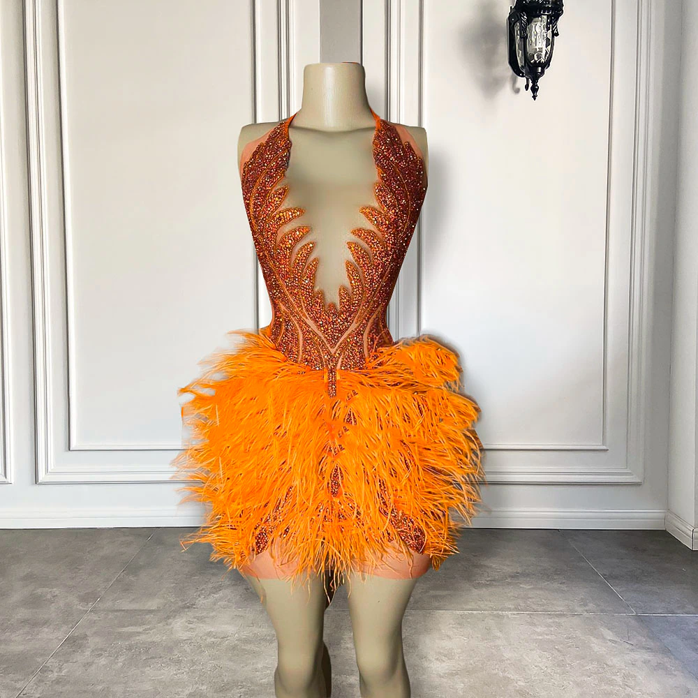 Sexy See Through Luxury Orange Diamond Women Formal Birthday Party Gowns Feather Black Girls Mini Short Prom Dresses