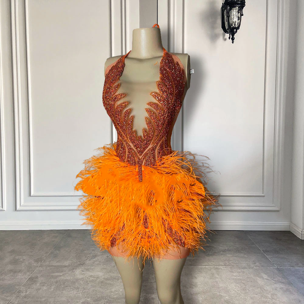 Sexy See Through Luxury Orange Diamond Women Formal Birthday Party Gowns Feather Black Girls Mini Short Prom Dresses