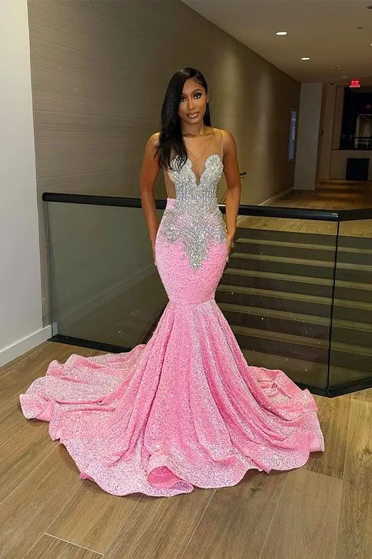 Luxury Pink Sequin Mermaid Long Prom For Black Girl Beads Crystals Birthday Party Gowns Formal Evening Dress