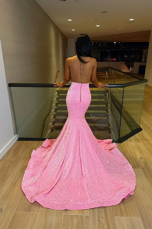 Luxury Pink Sequin Mermaid Long Prom For Black Girl Beads Crystals Birthday Party Gowns Formal Evening Dress