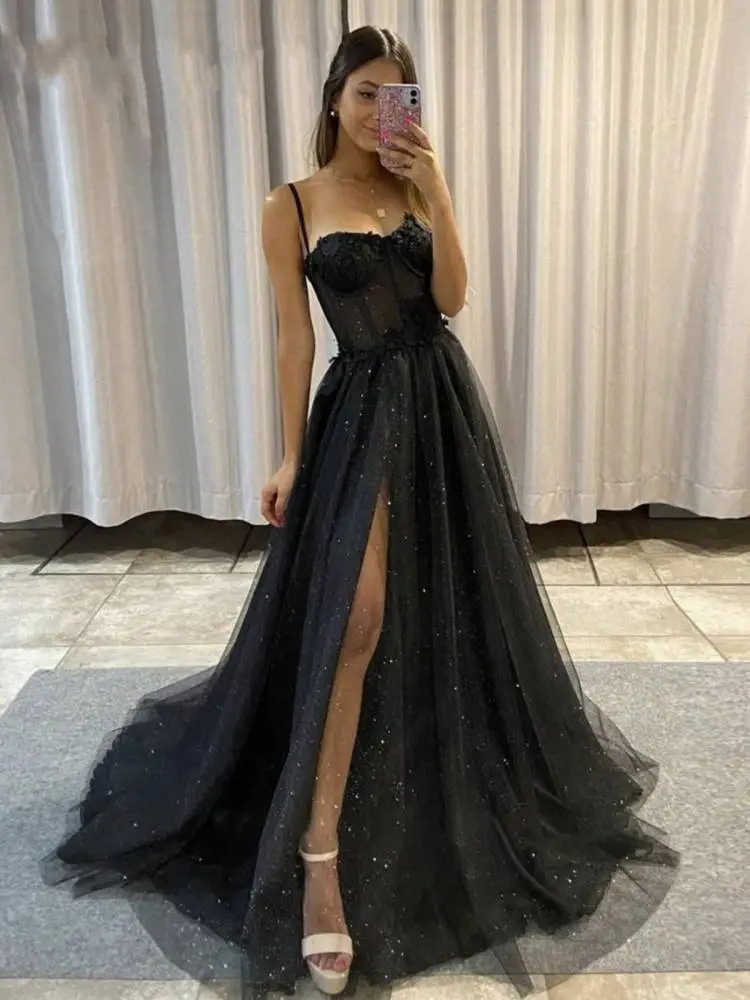 2024 Straps prom dresses Bone Bodice high split glitter A Line black party evening dress sweep train dresses for special occasions