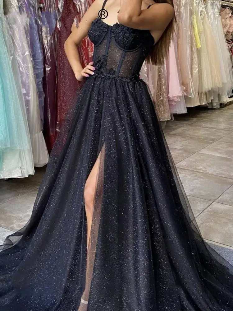 2024 Straps prom dresses Bone Bodice high split glitter A Line black party evening dress sweep train dresses for special occasions