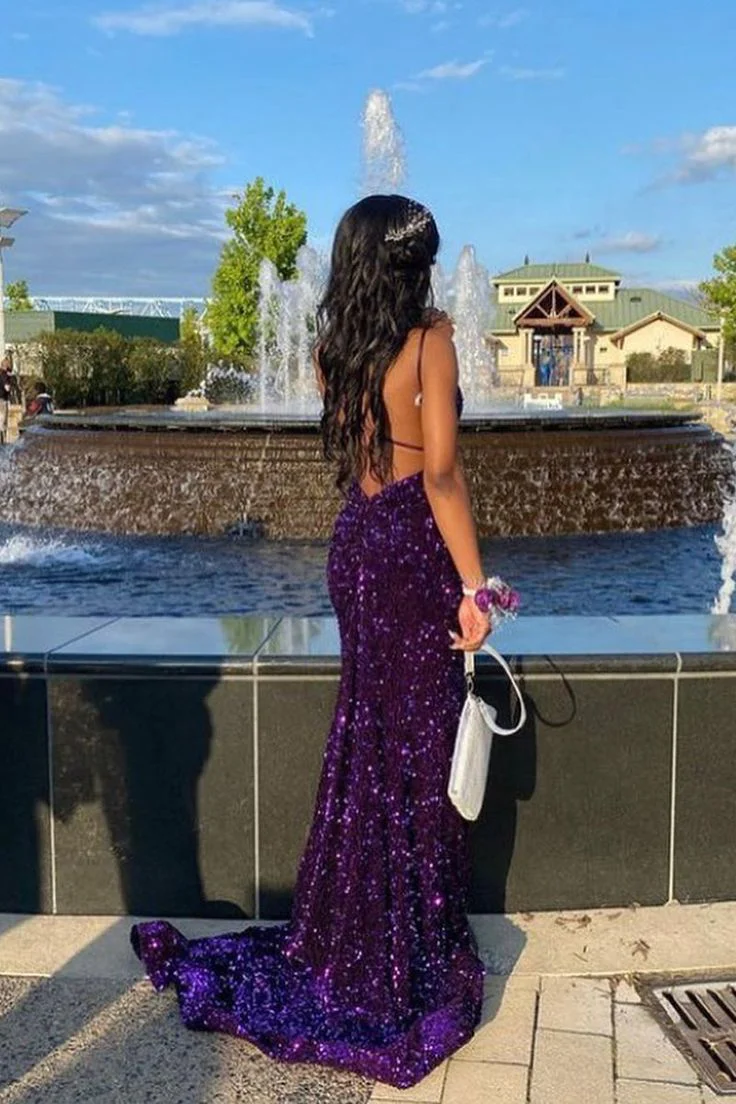 Purple Sequin Mermaid Prom Dress Long Party Dress