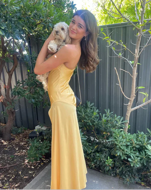 Spaghetti Strps Yellow Slit Long Prom Dress