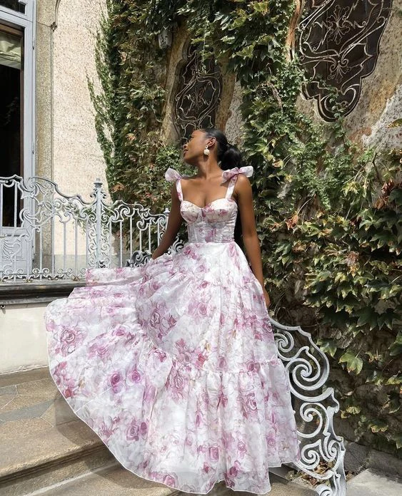 Cute Chiffon Floral Print Prom Dress Senior Evening Gown