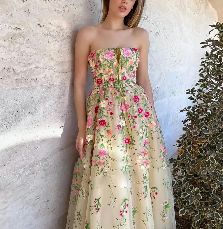 Flower Lace Graduation Party Dress Sexy Strapless Tea Long A-Line Celebrity Prom Gown Special Event Vestidos De Gala