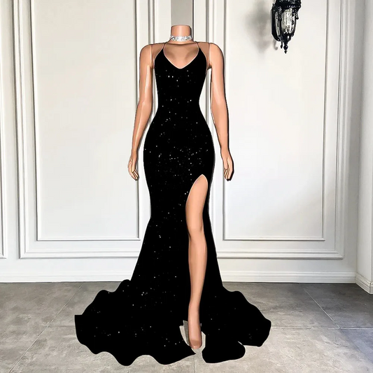 Sparkly Mermaid Style Fitted Sexy High Slit Black Sequined African Girl Backless Long Prom Dresses 2024