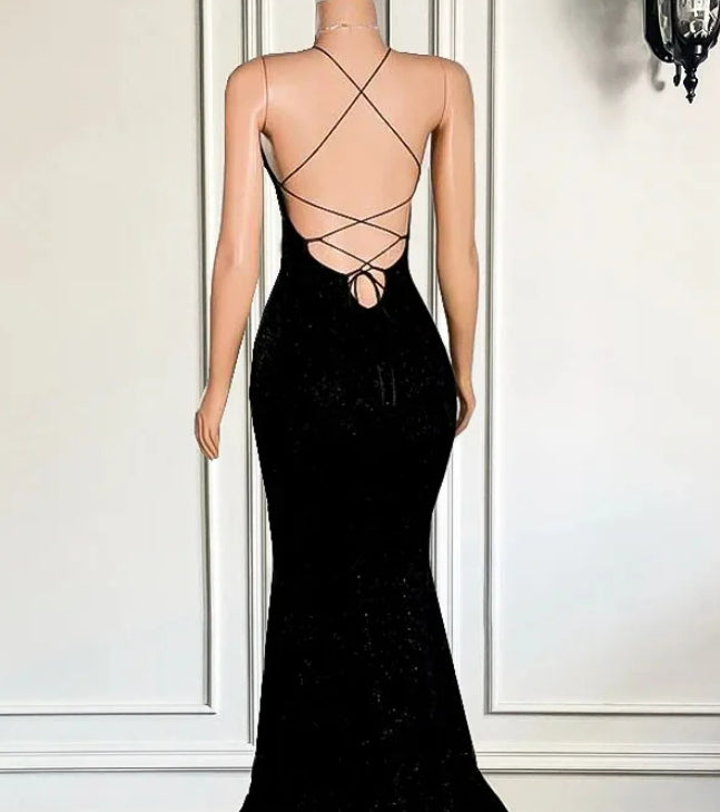 Sparkly Mermaid Style Fitted Sexy High Slit Black Sequined African Girl Backless Long Prom Dresses 2024