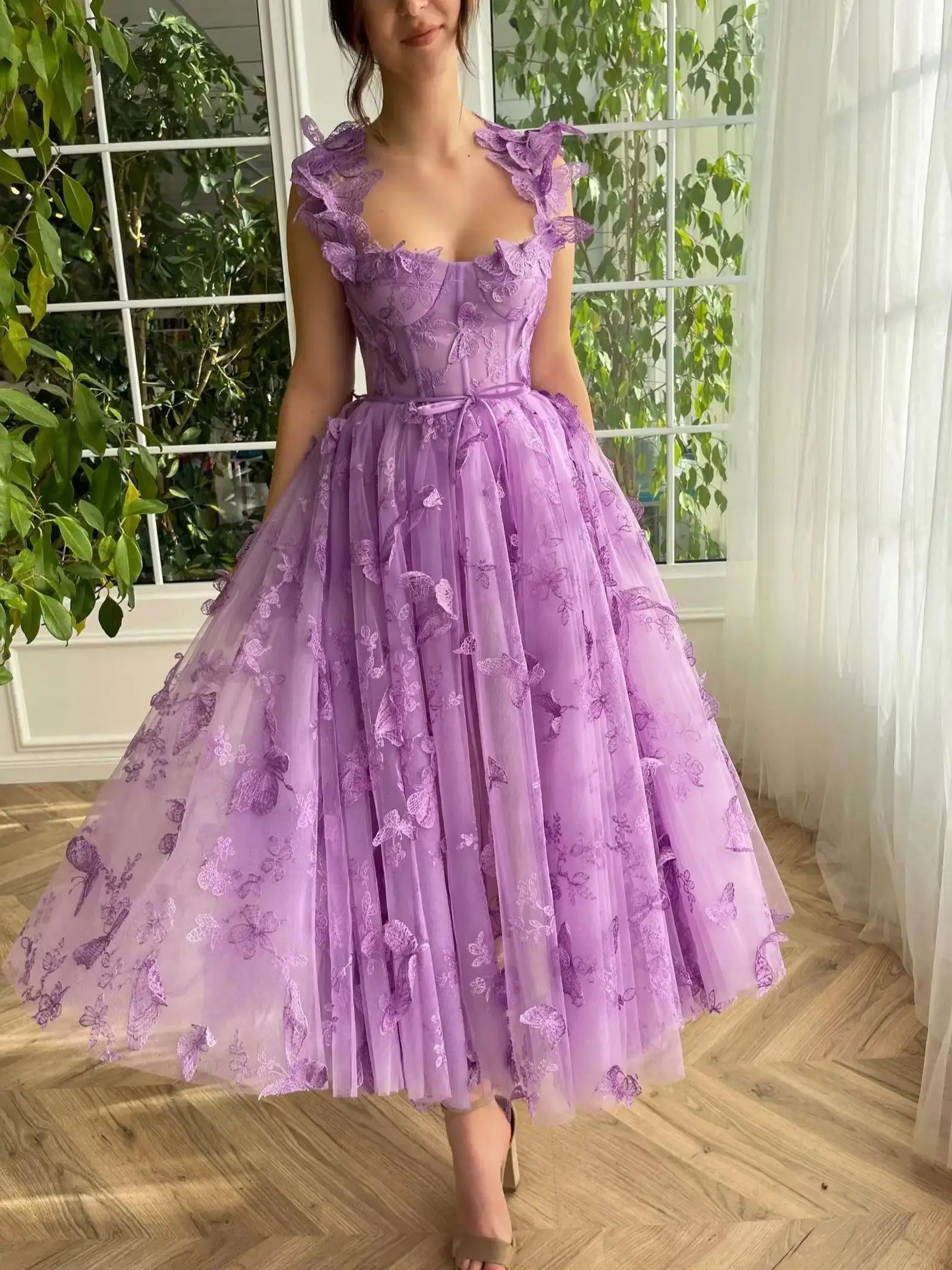 2024 Women's Tulle Prom Dresses 3D Butterfly Spaghetti Straps with Slit Tea Length Homecoming Dress Graduation School Party Gown