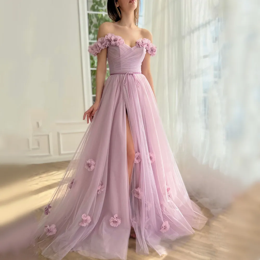 Elegant 3D Flower Dress Princess A-line Evening Dresses Sweet Side Split Vestidos De Noche Tulle Train Prom Dress