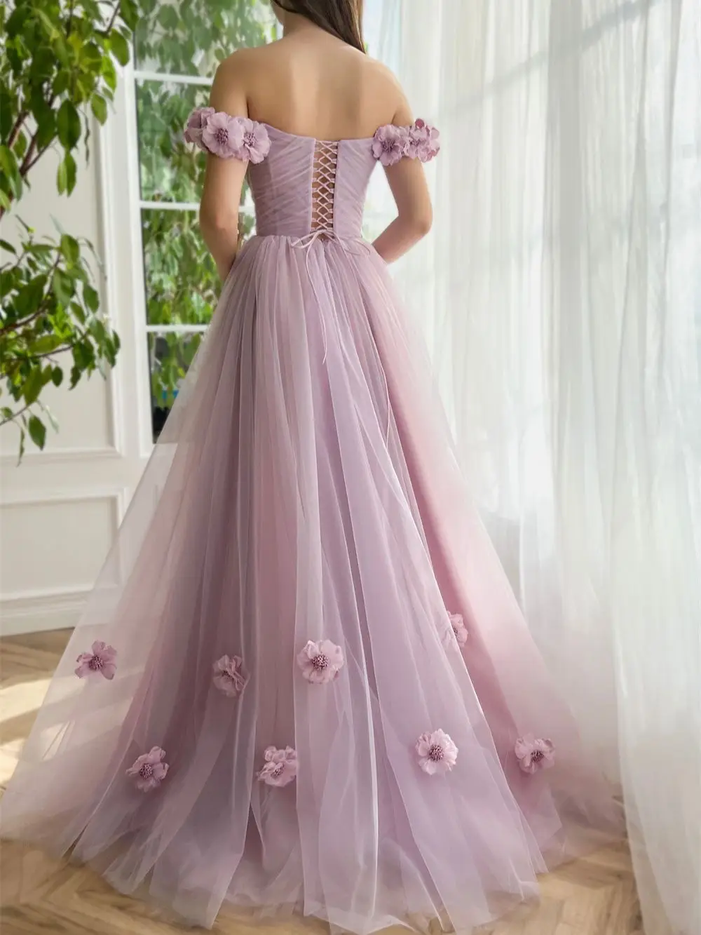 Elegant 3D Flower Dress Princess A-line Evening Dresses Sweet Side Split Vestidos De Noche Tulle Train Prom Dress