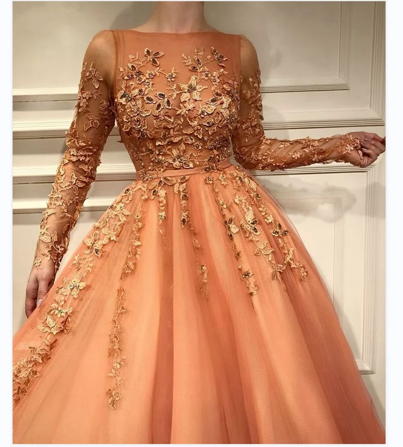 Custom Orange Long Sleeve 3D Flowers Appliques Floor-Length A-Line Tulle Sweep Train Formal Evening Dress