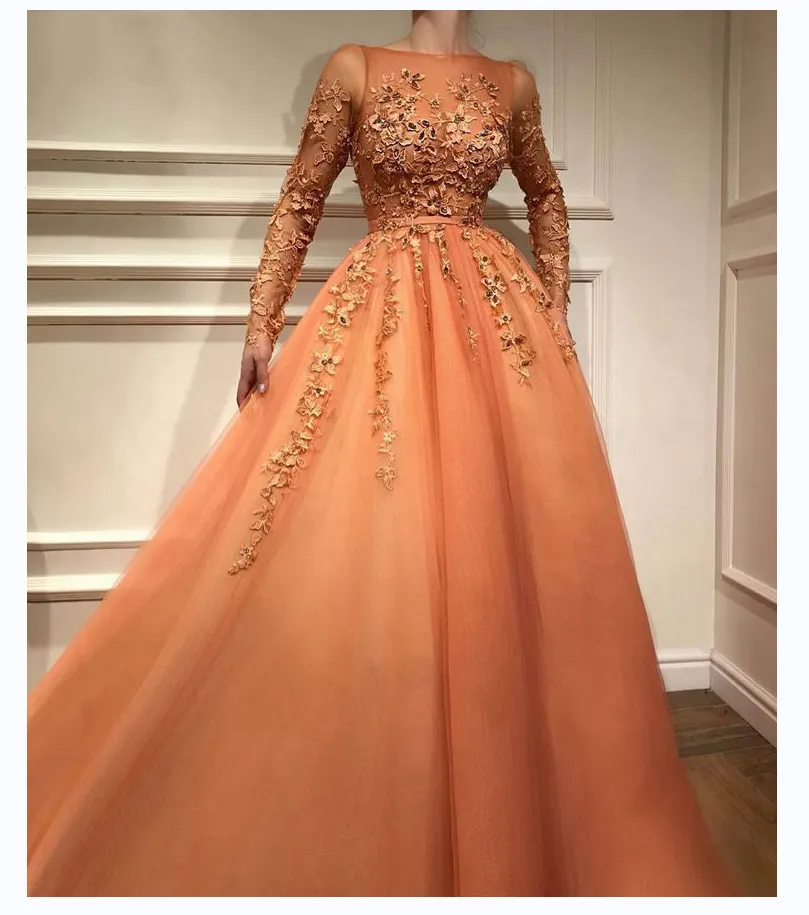 Custom Orange Long Sleeve 3D Flowers Appliques Floor-Length A-Line Tulle Sweep Train Formal Evening Dress