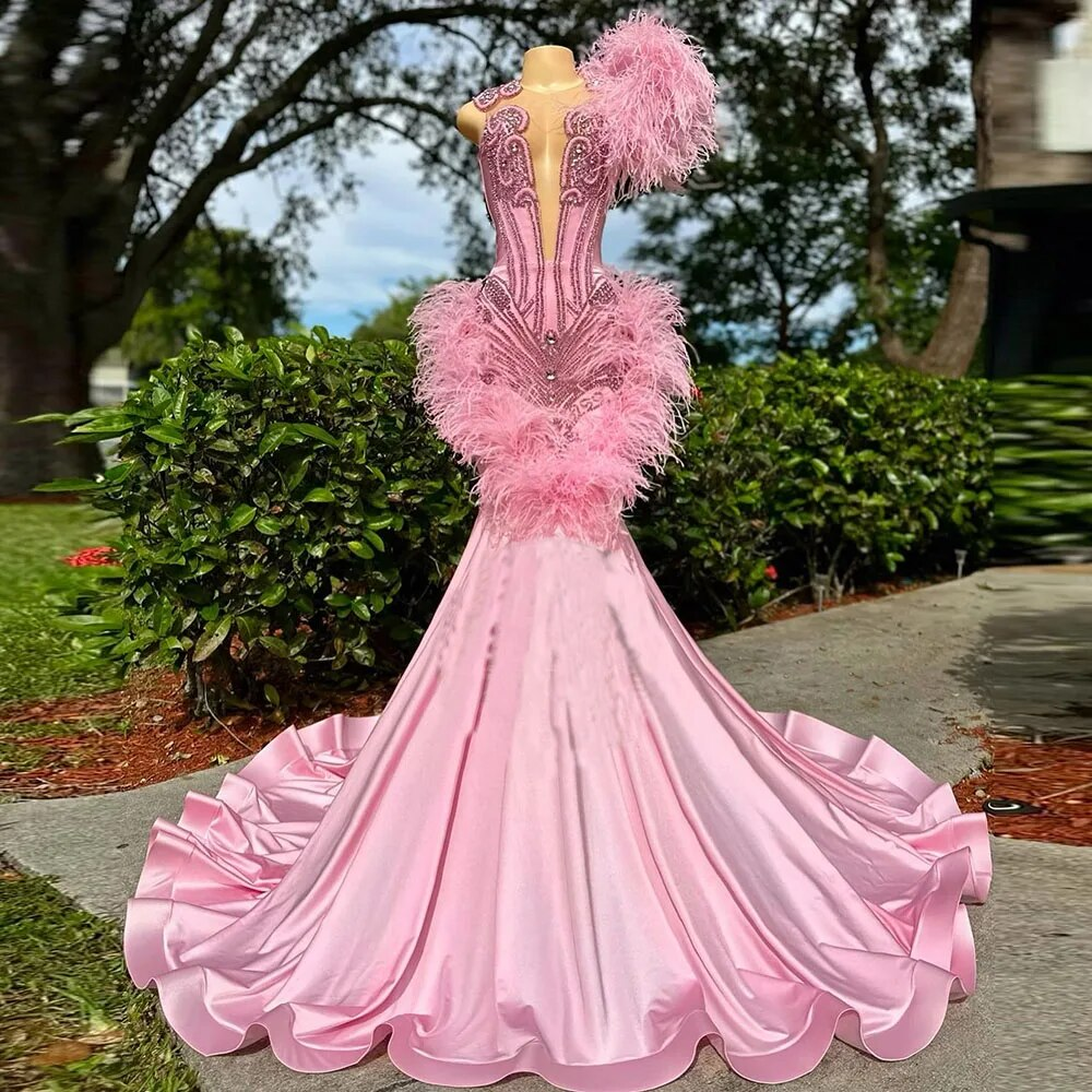 Luxury Pink Prom Dresses Mermaid 2024 With Feathers Diamond Mermaid Evening Gowns Vestidos De Gala African Women Party Dress