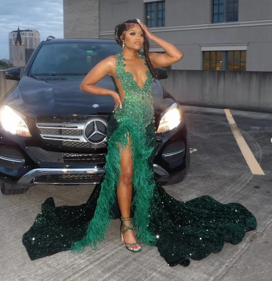 Emerald Green Sparkly African Prom Dresses for Women Luxury Diamond Crystal Feather Slit Evening Birthday Gala Gown Black Girl