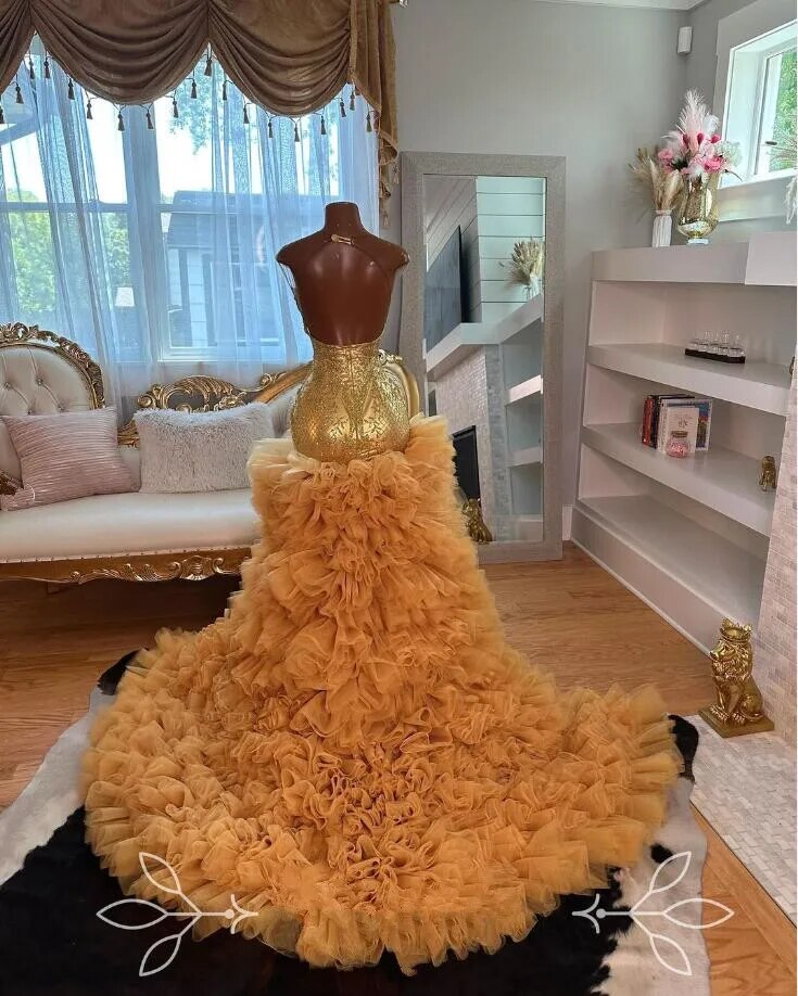 Gold High Low Black Girl Prom Dress for Women 2024 Sparkly Diamond Crystal Ruffles Skirt Mermaid Wedding Party Gown