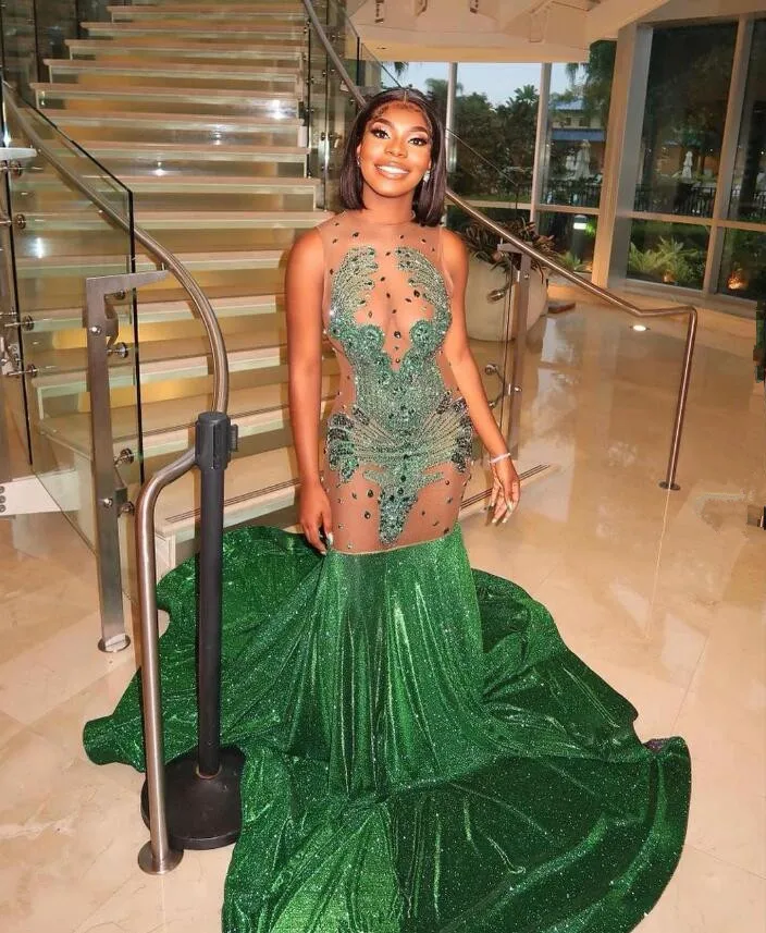 Emerald Green Mermaid Black Girl Evening Dress for Women Diamond Crystal Sheer Mesh Prom Birthday Gala Gown