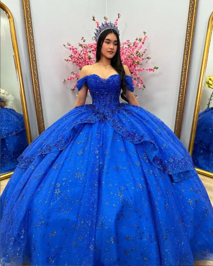 King Blue Sparkly Quinceanera Dresses Off Shoulder Fairy Skirt Applique Sequins robe de princesse bleu royale Sweet 15 robe gown