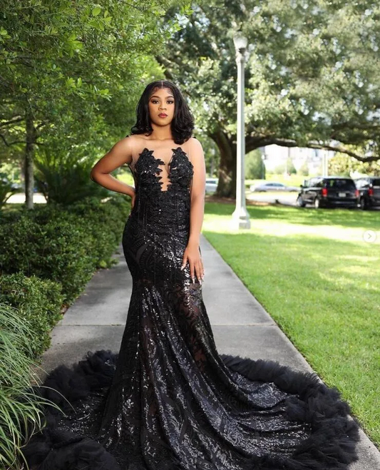 Sparkly African Trumpet Evening Formal Dresses Luxury Diamond Sequins Tassel Ruffles Black Girl Prom Slay Gown for Women