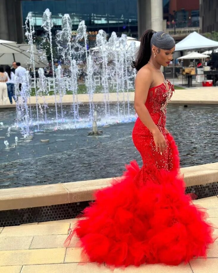 Red Luxury African Mermaid Prom Recaption Dress for Women Sweetheart Sexy Slit Black Girl Graduation Evening Gown 2024