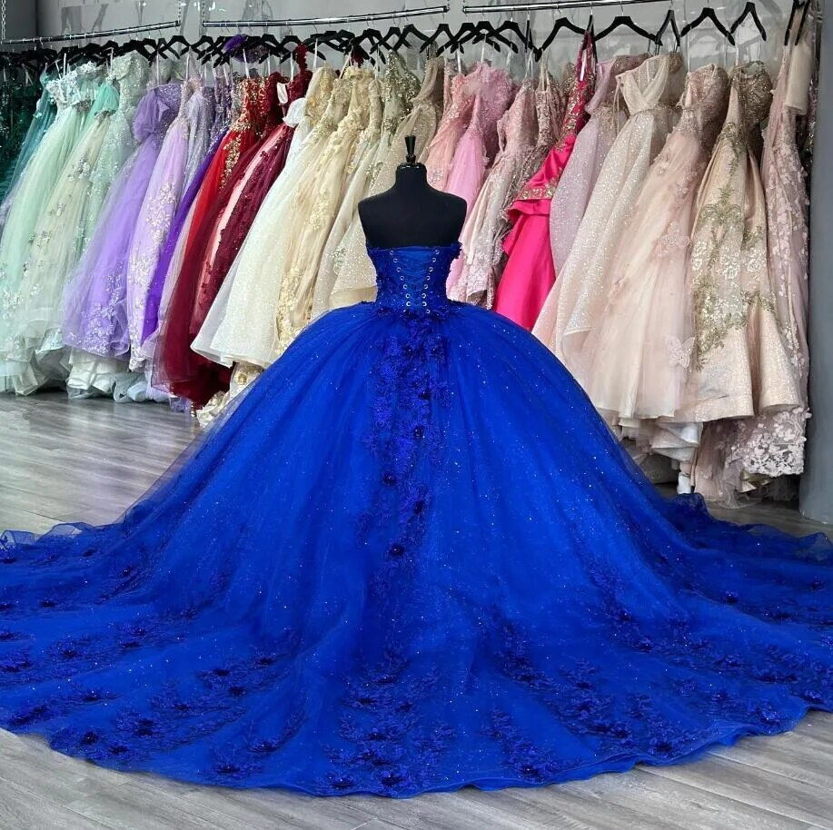 King Blue Princess Quinceanera Dresses Sweetheart 3D Floral Applique vestidos de 15 años Sweep Train Prom Lace Up sweet 16