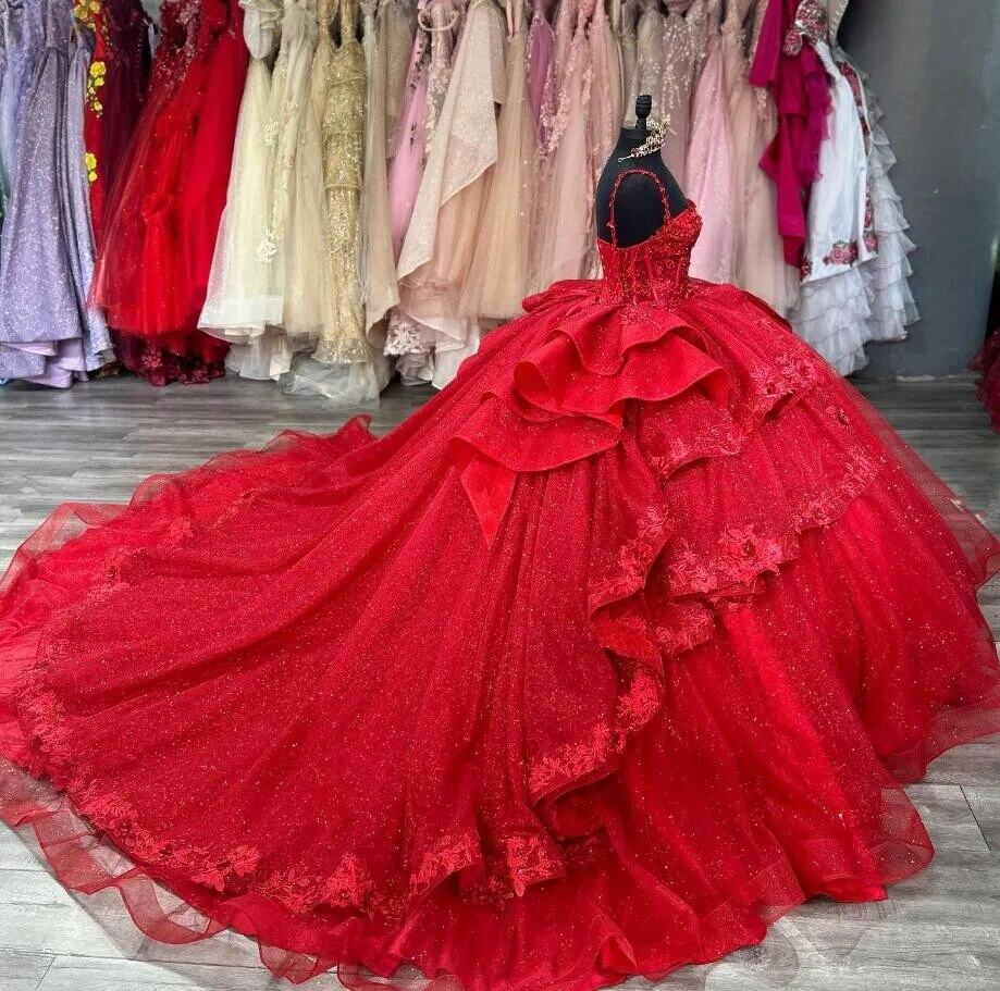 Red Sparkly Princess Quinceanera Dresses Floral Applique Boning Corset vestidos de 15 quinceañera 2024 Prom Lace Up