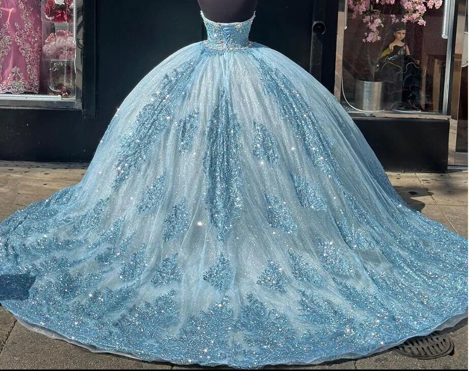 Sky Blue Sparkly Princess Quinceanera Dresses Sweetheart Gillter Applique Crystal Sweet 15 vestido de xv años 2024 Prom