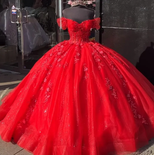 Red Princess Quinceanera Dresses Off Shoudler Sparkly Applique Corset vestido de festa 15 anos 2024