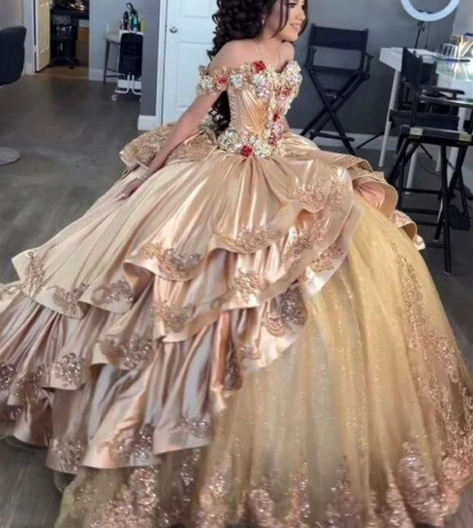 Princess Mexico 2024 Champagne Gold Quinceanera Dresses Off The Shoulder Satin Ruffels Ball Gown Sweet 16 Dresses vestidos