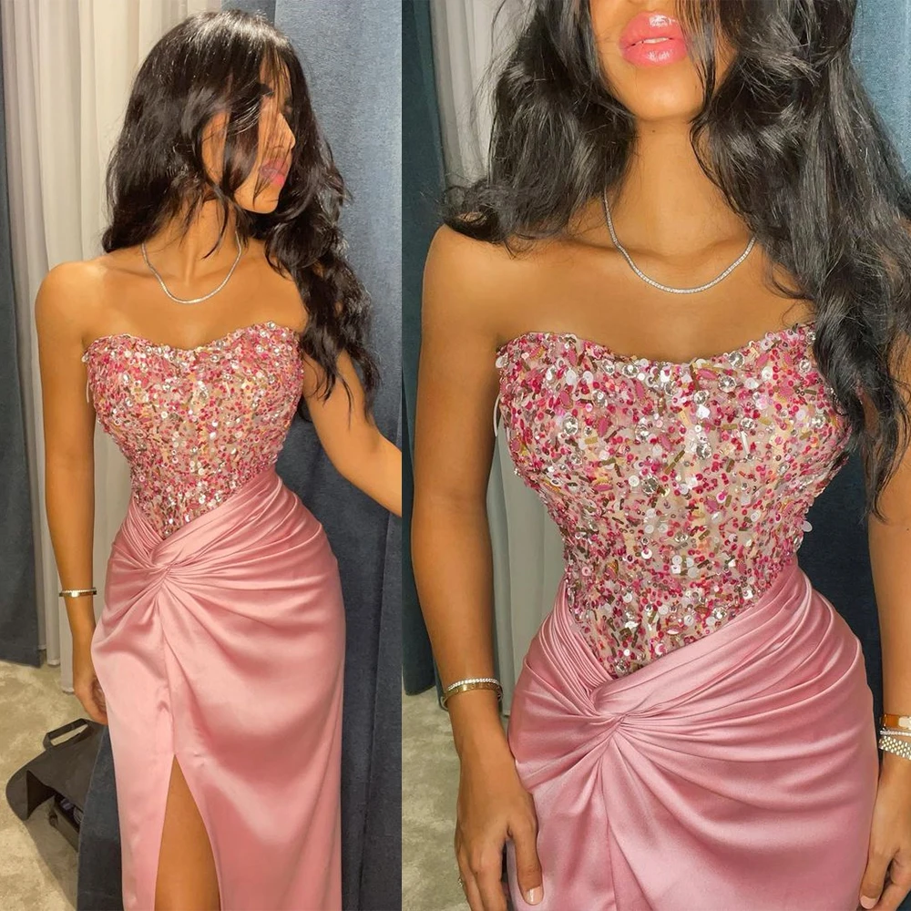 Modern Sequin Strapless Prom Dresses with Sleeveless Floor Length Mermaid Satin Formal Dress with Slit vestido de gala