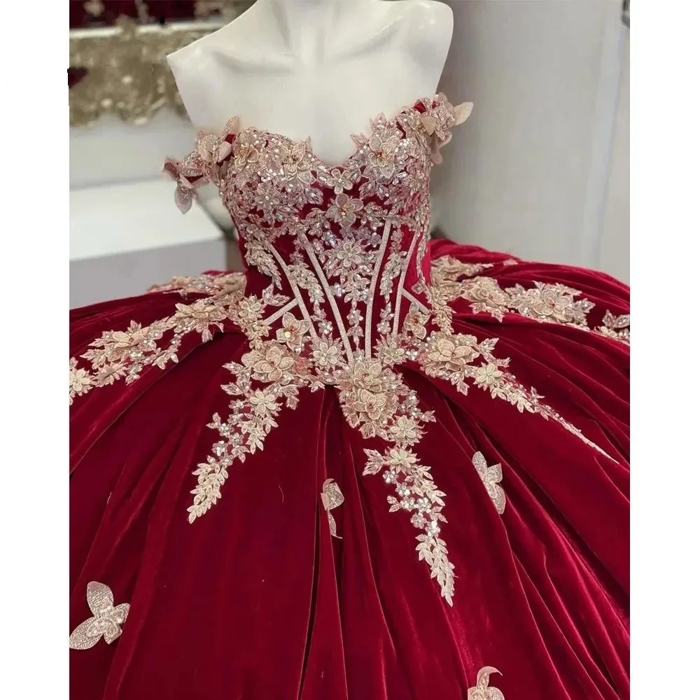 Burgundy Off-Shoulder Quinceanera Dresses With Cape Vestidos De 15 Anos 3D Lace Masquerade Birthday Party Gowns