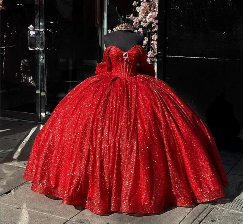 Shinning Red Ball Gown Quinceanera Dress Off The Shoulder Mexican Sweet 16 Dress Princess Lace-up Vestido De 15 Años