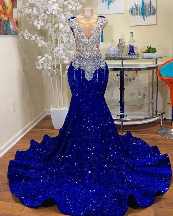 Sexy Mermaid Style Sheer Top Luxury Sparkly Silver Crystals Diamond Black Girls Royal Blue Long Prom Dresses 2024