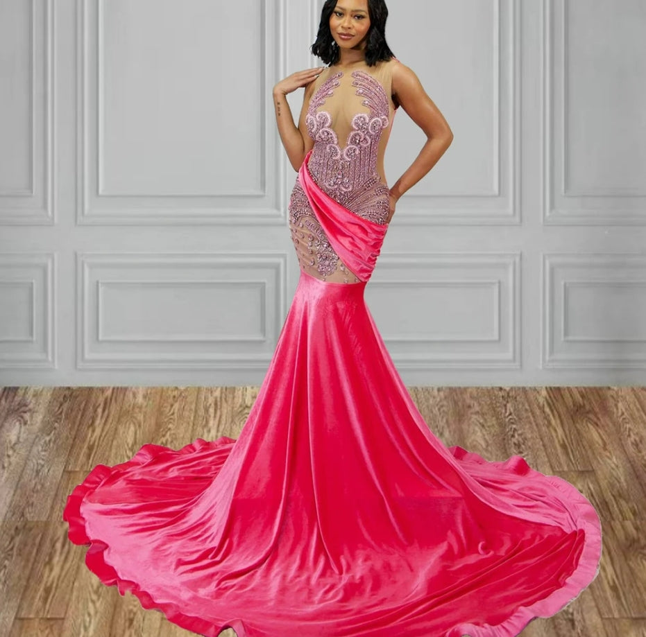 Hot Pink Velvet Rhinestone Luxury Prom Dress 2024 For Black Girls African Mermiad Birthday Party Dress Sexy vestido de gala