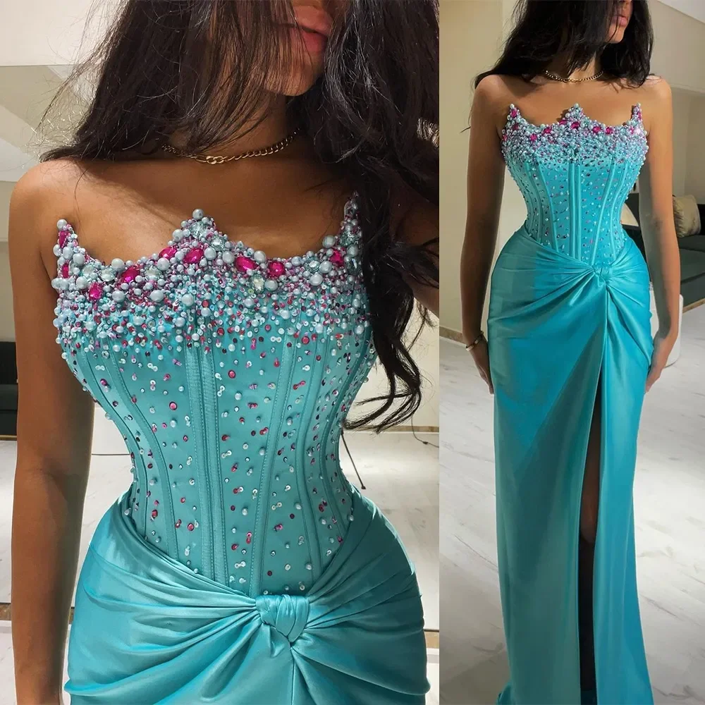 Luxury Crystal Mermaid Evening Dresses Sparkle Satin Crown Beaded Formal Party Prom Dresses Occasion vestidos de noche