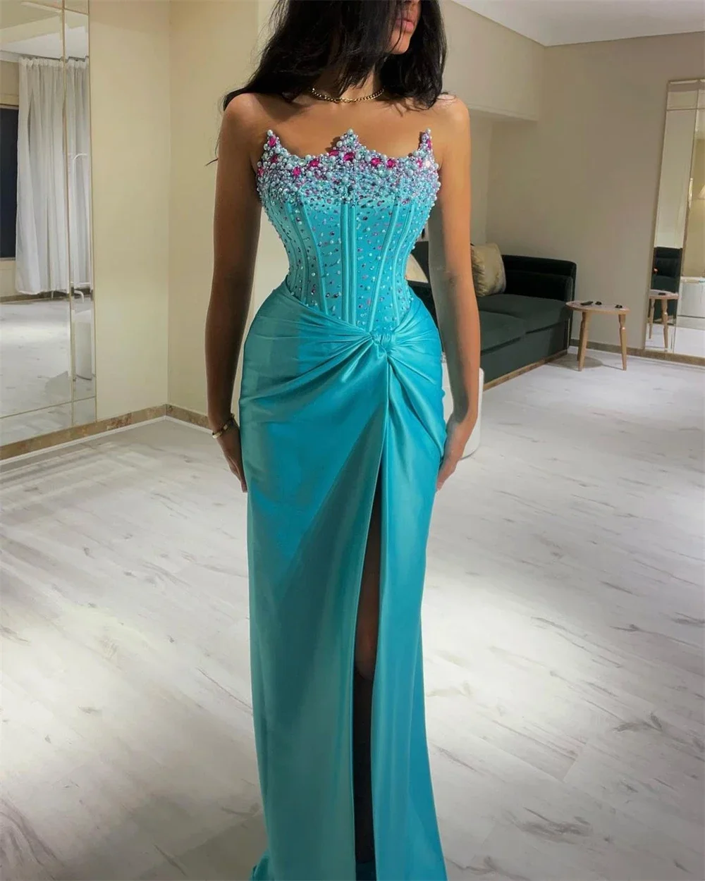 Luxury Crystal Mermaid Evening Dresses Sparkle Satin Crown Beaded Formal Party Prom Dresses Occasion vestidos de noche