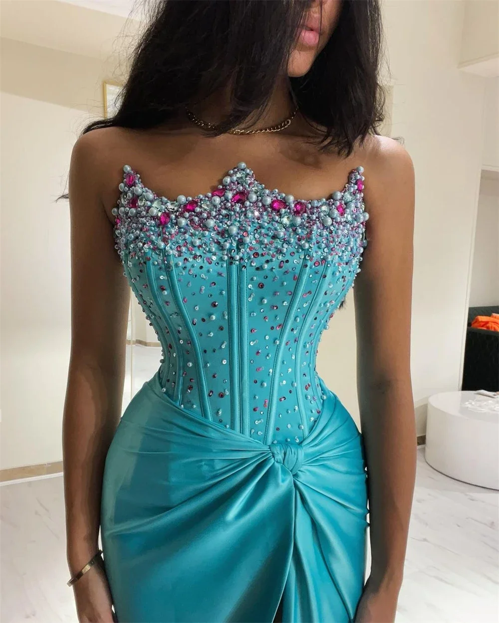 Luxury Crystal Mermaid Evening Dresses Sparkle Satin Crown Beaded Formal Party Prom Dresses Occasion vestidos de noche