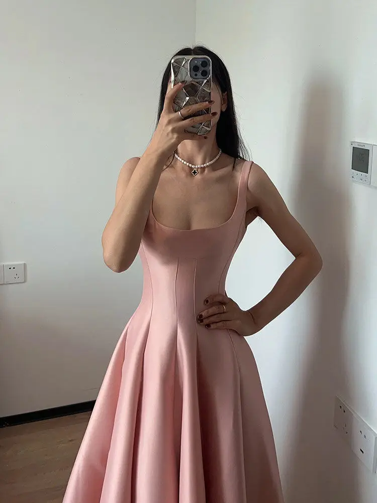 Elegant French Socialite Style Sweet Pink Suspender Dress Women Spring Summer A-line Tea Break Formal Vestidos