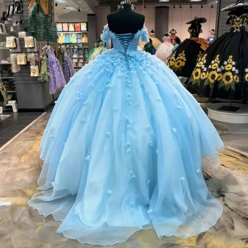 Princess Blue Quinceanera Dress Ball Gown Flowers Appliques Beading Corset Sweet 16 Dress Vestido De 15 Años