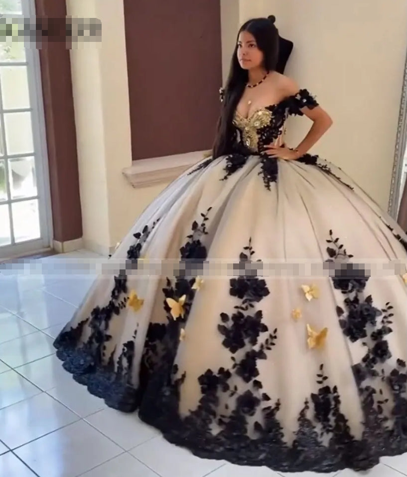 Luxury Black Ball Gown Quinceanera Dress 2024 Off Shoulder Long Train Sweet 15 16 Year Birthday Party Real Vestidos De XV Años