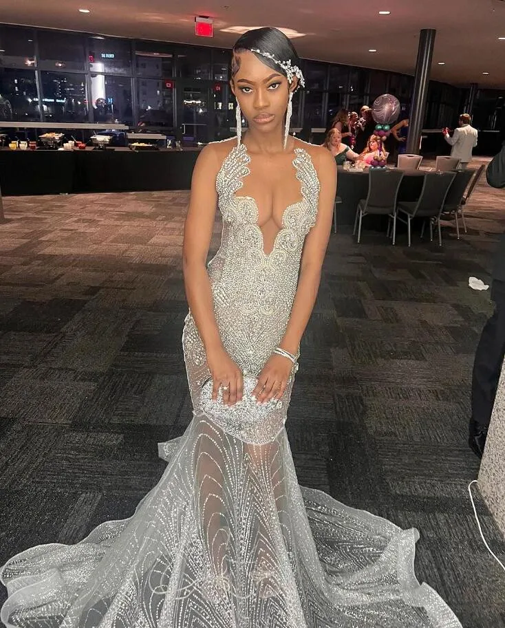 Silver Diamond Sparkly Evening Formal Dresses for Black Girl Luxury Gillter Diamond See Through Prom Gala Birthday Dress