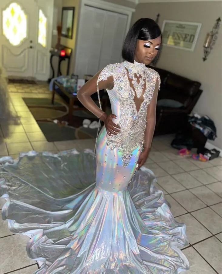 White Sparkly Long Evening Pageant Dresses for Black Girl Luxury Diamond Crystal See Through Prom Gala Birthday Dress 2024