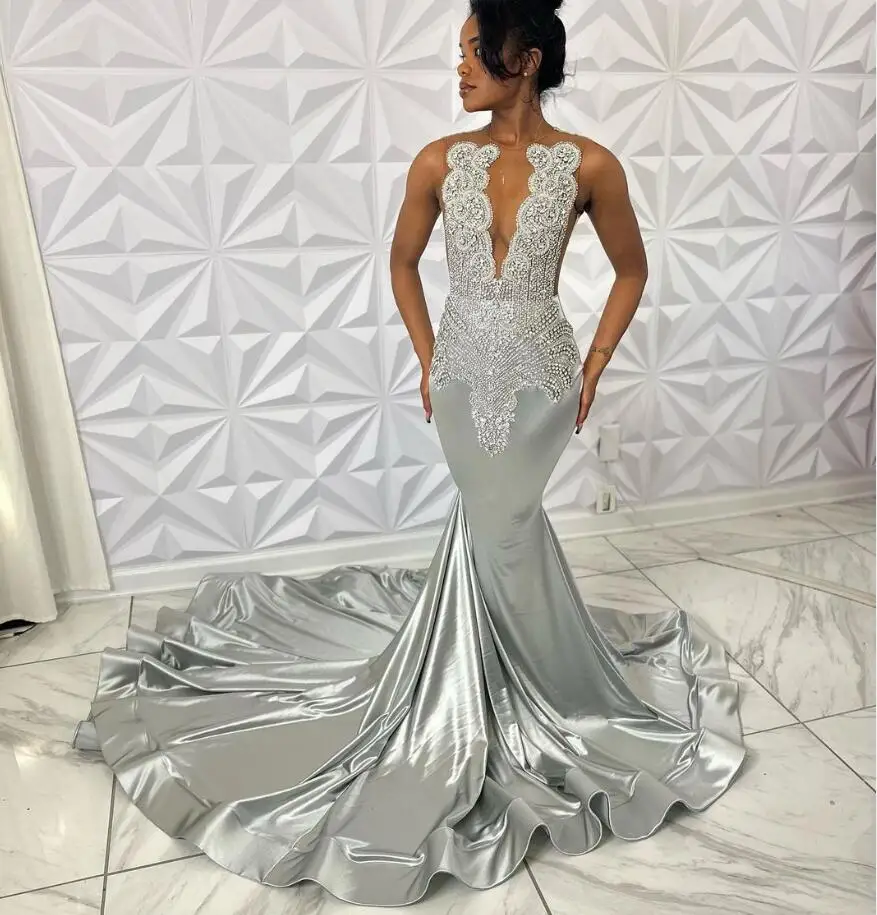 Silver Diamond Sparkly Long Prom Formal Dresses for Black Girl Luxury Crystal Gillter Mermaid Evening Gown vestido rojo sirena