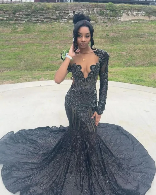 Sparkly Long Sleeve Evening Ceremony Dresses for Black Girl Luxury Diamond Crystal Gillter Trumpet Prom Birthday Gala Dress