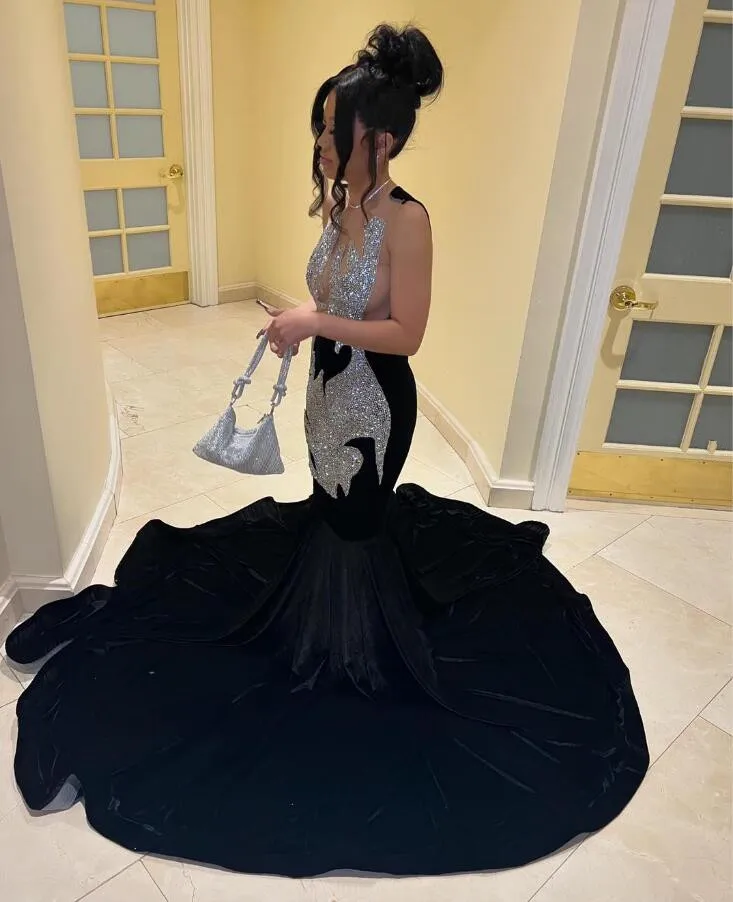 Sparkly Long Mermaid Prom Ceremony Dresses for Black Girl 2024 See Through Luxury Diamond Crystal Vevlet Evening Gala Gown