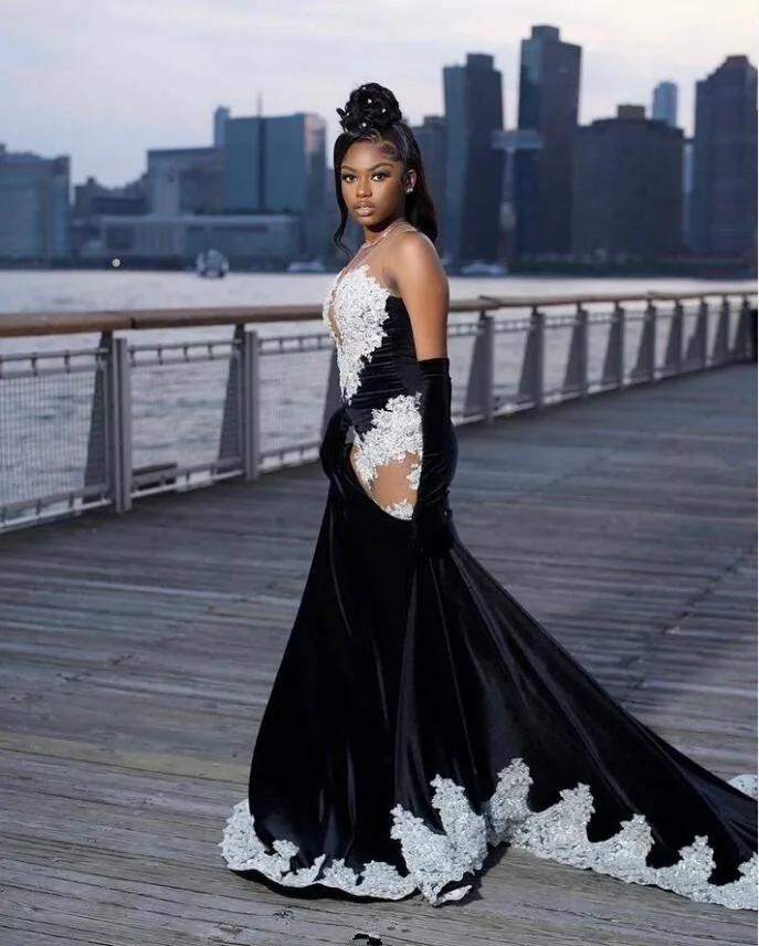 Black White Mermaid Long Evening Party Dresses Sexy See Through Luxury Applique Prom Birthday Dress with Gloves 2024 Velvet