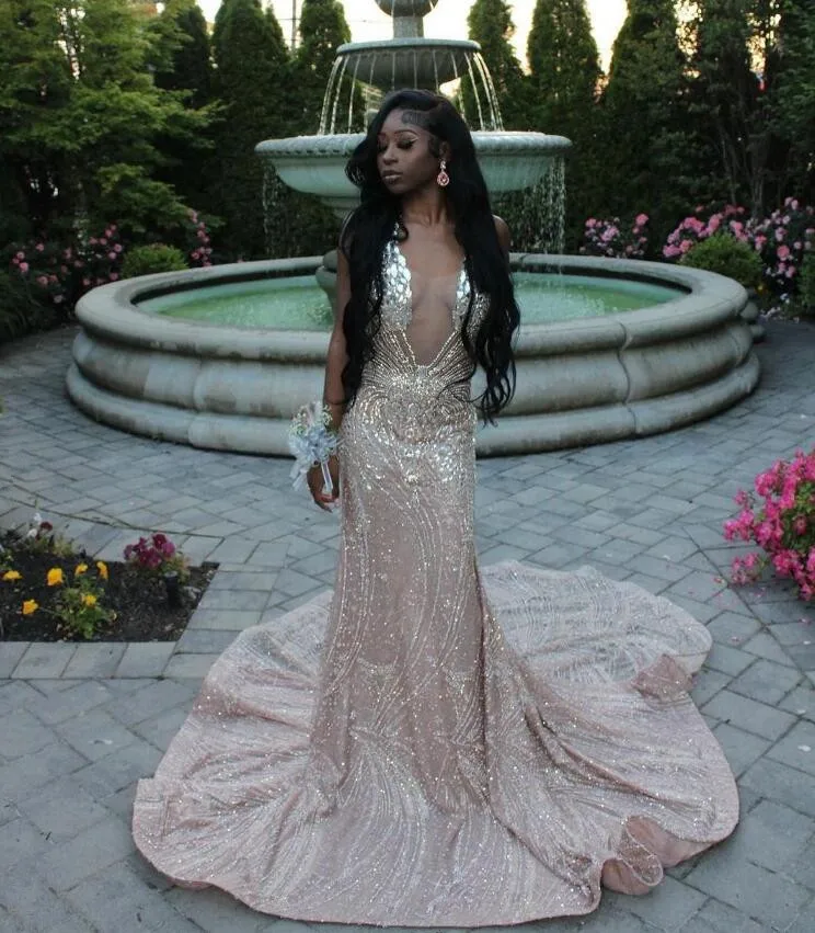 Silver Champagne Long Evening Party Dresses for Women 2024 Sparkly Diamond Crystal Black Girl Prom Birthday Formal Dress