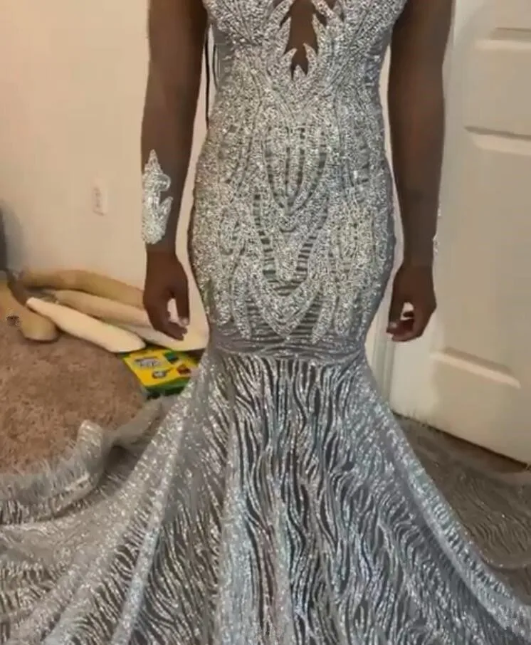 Silver Diamond Sparkly Mermaid Prom Formal Dresses for Black Girl 2024 Luxury Diamond Gillter Evening Gown vestidos para mujer